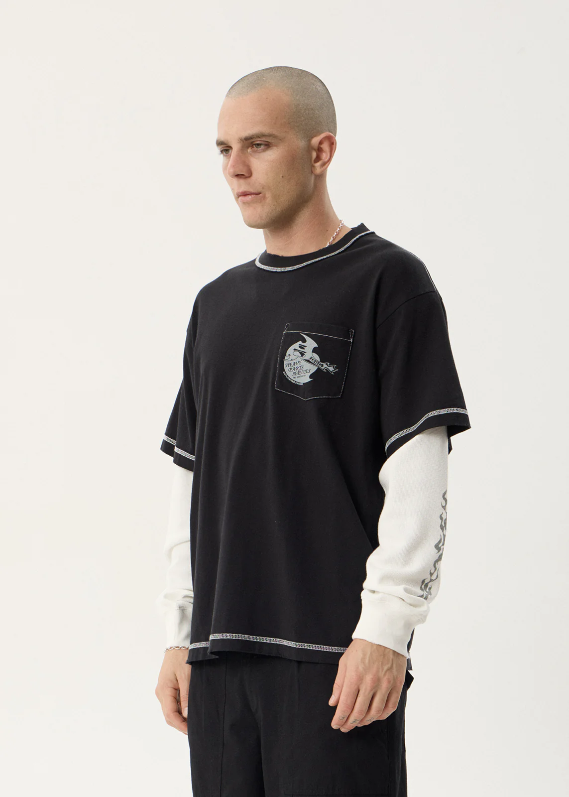 AFENDS Heavy parts layered waffle long sleeve tee - Stone black