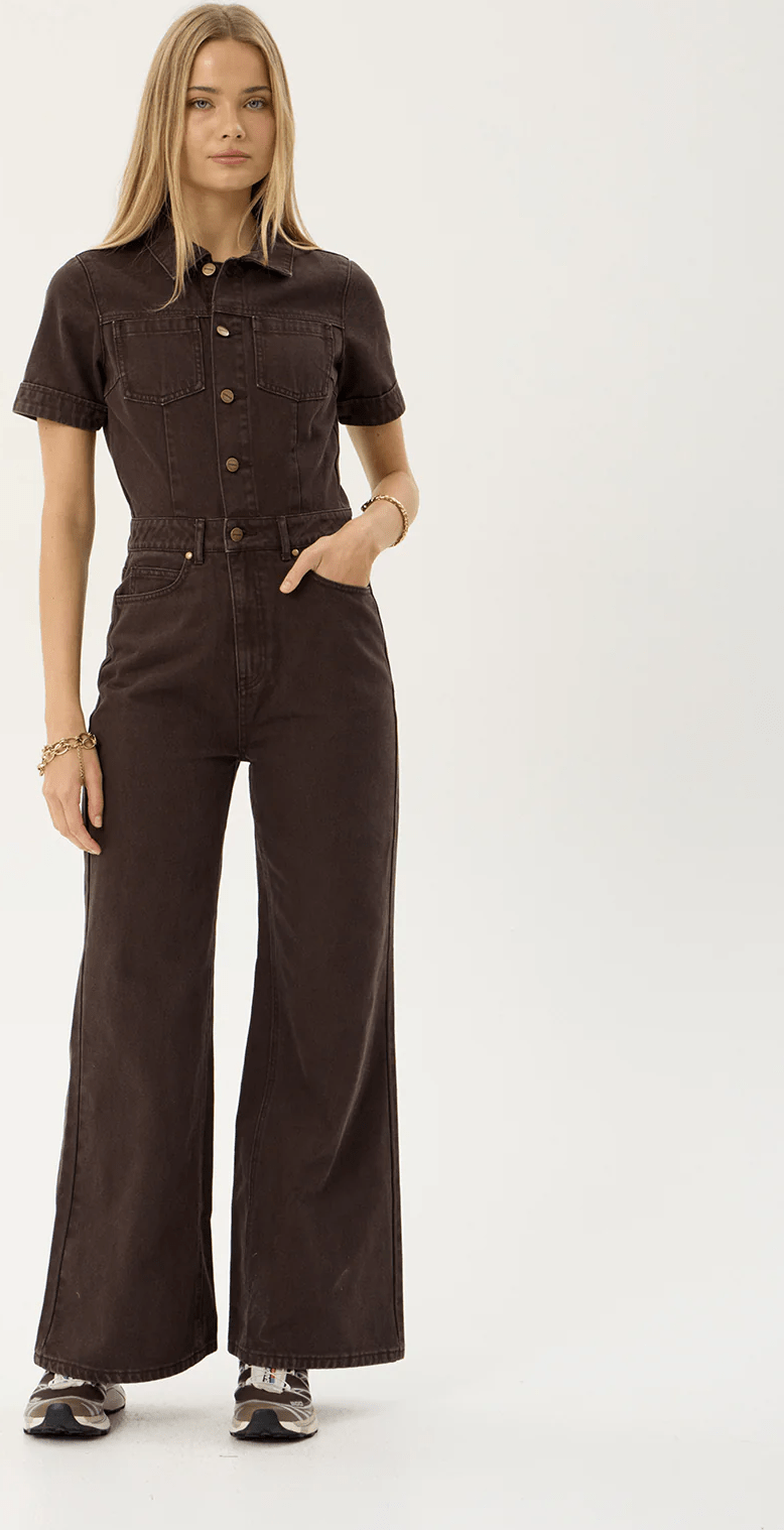 AFENDS Miami denim flared leg jumpsuit - Washed coffee