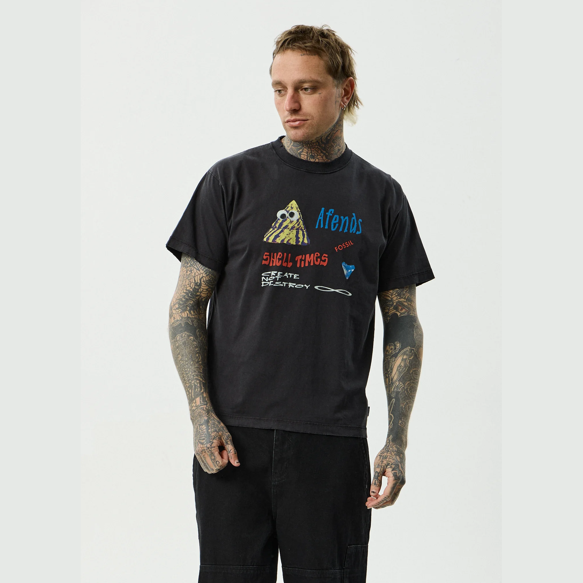 AFENDS Shell Times Boxy Fit Tee - Stone Black