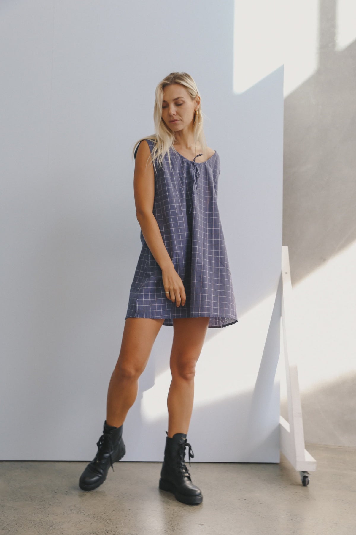 The bare road Luna shift Dress - Indigo Plaid