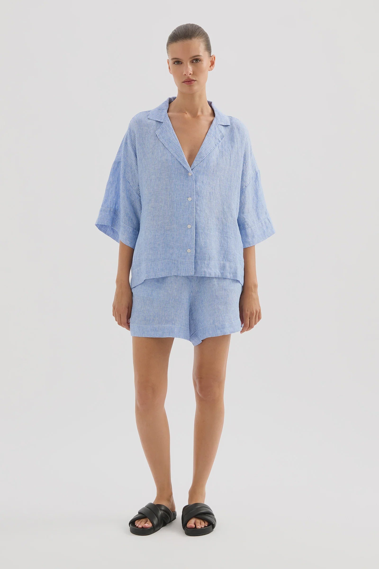 NUDE LUCY Lounge Stripe Linen Shirt Blue Stripe