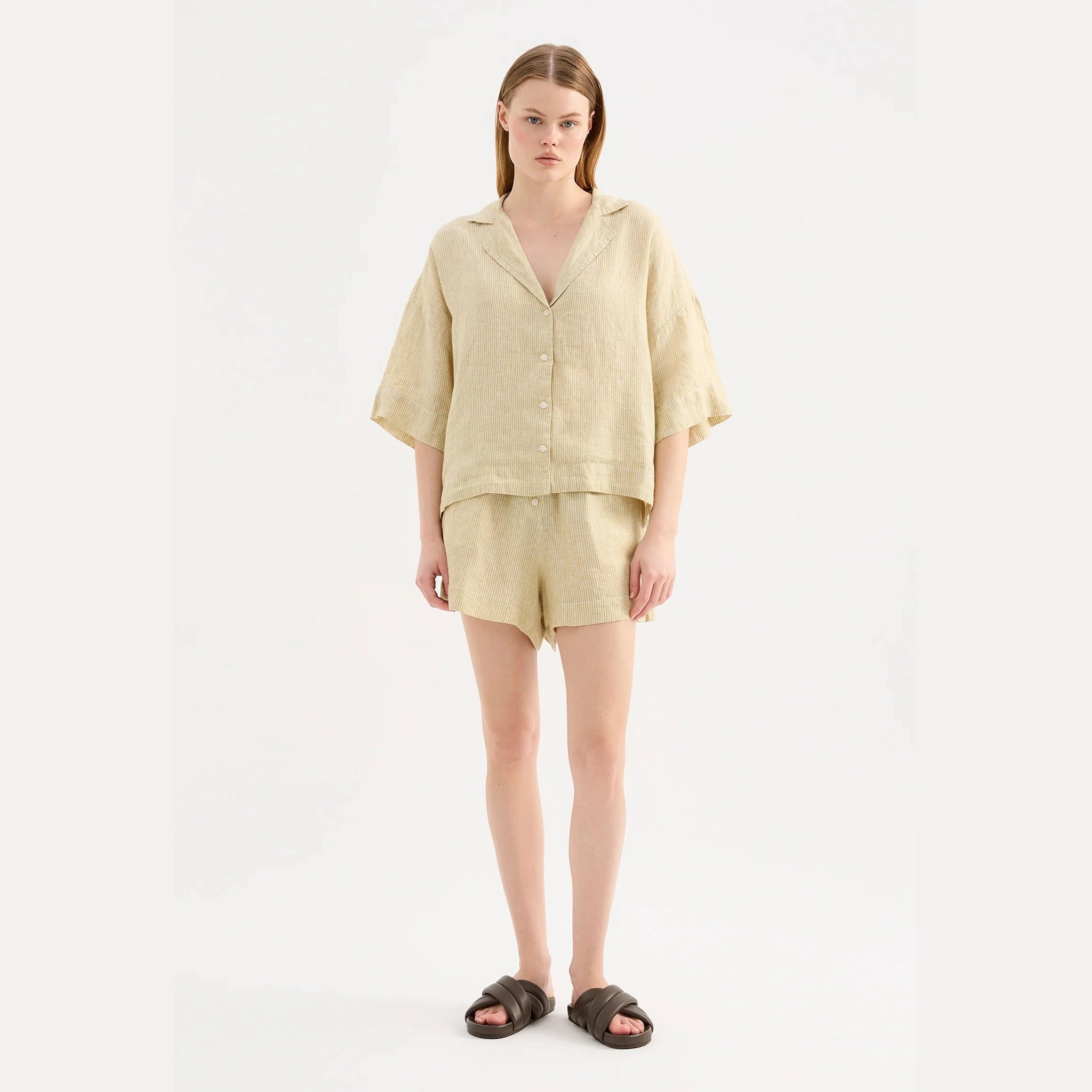 NUDE LUCY Lounge stripe linen short - Moss stripe