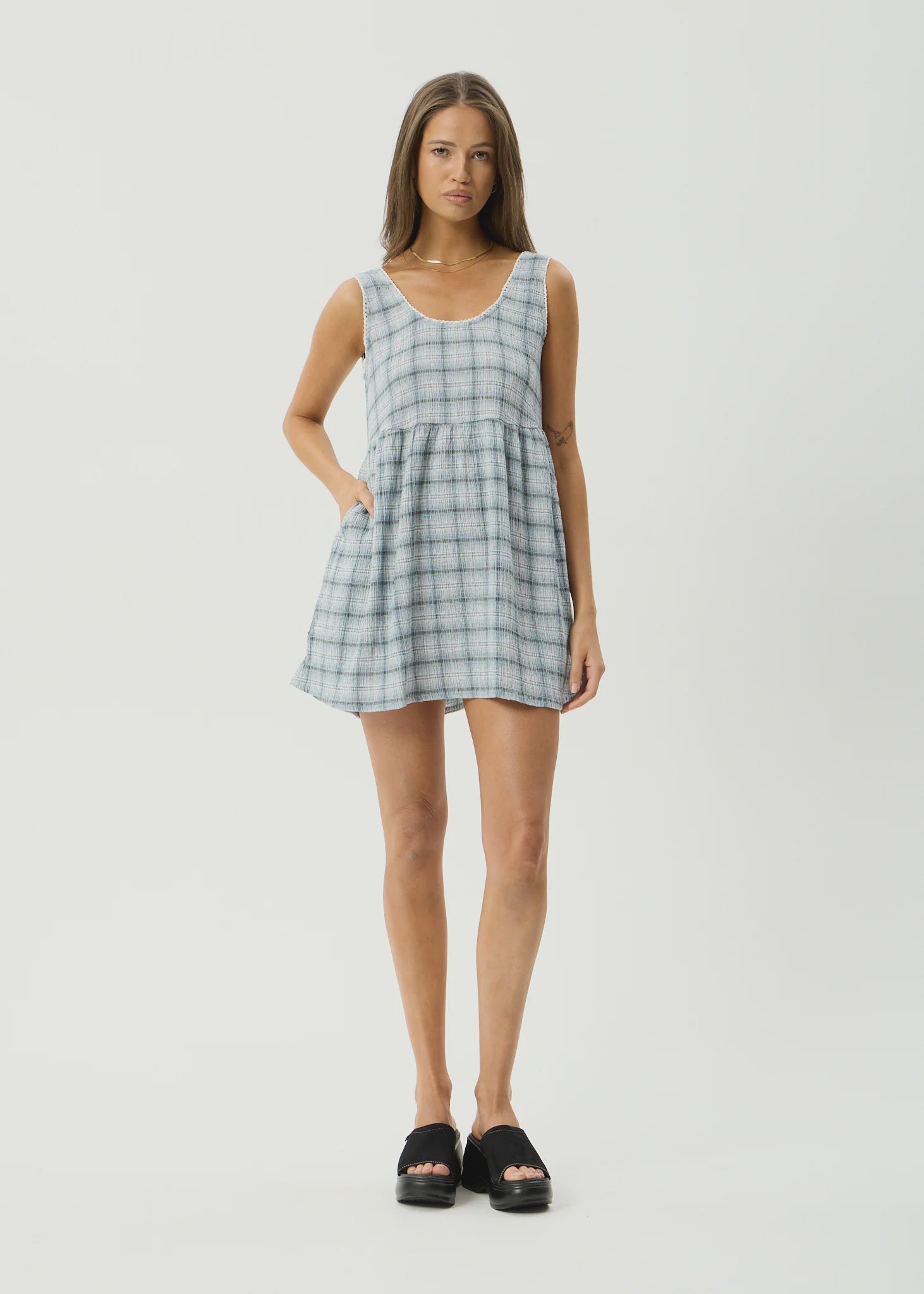 AFENDS Lagoon Jesse Hemp Mini Dress -Overcast Check