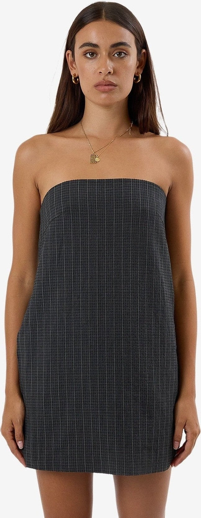 Thrills Colby Strapless Dress - Charcoal Pinstripe