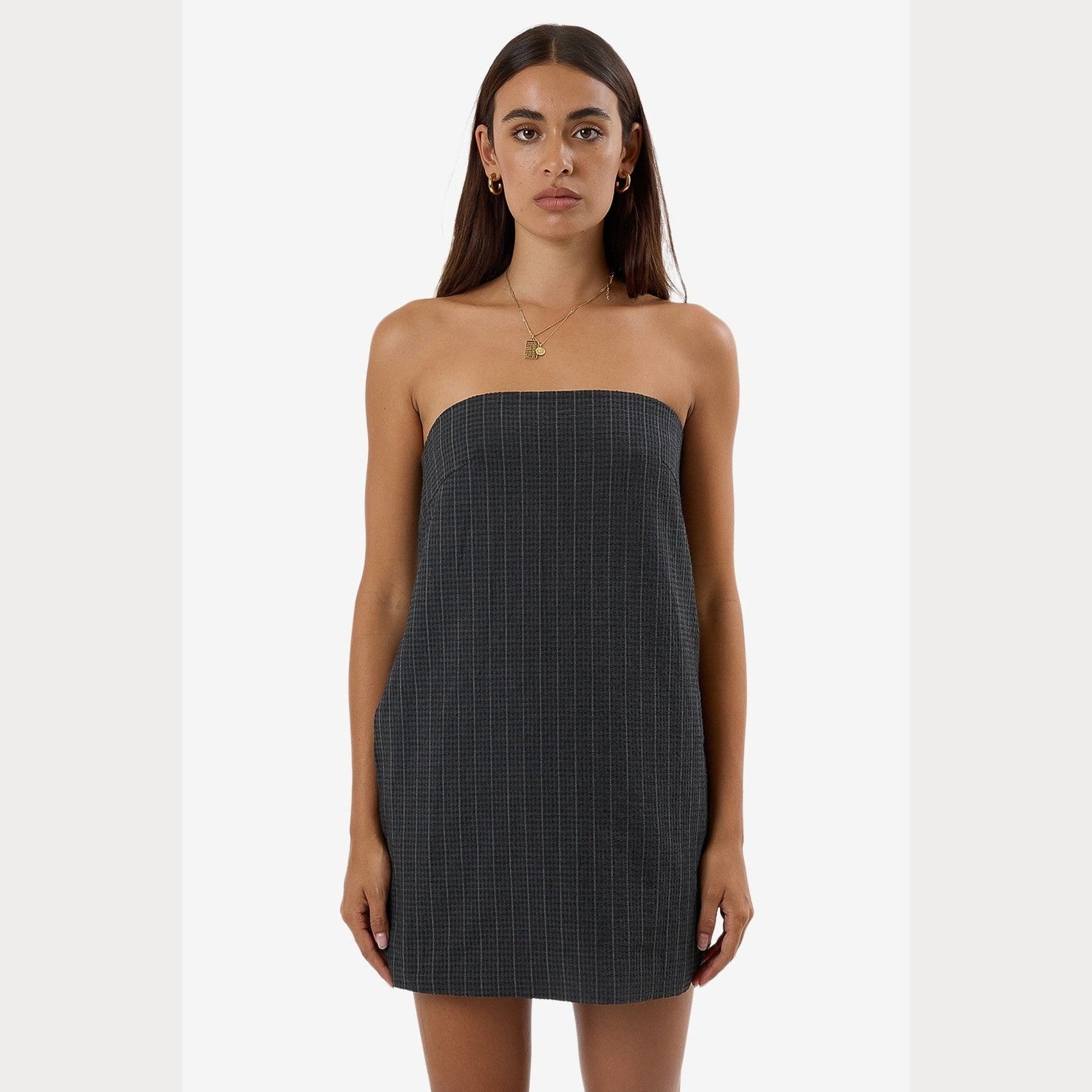 Thrills Colby Strapless Dress - Charcoal Pinstripe