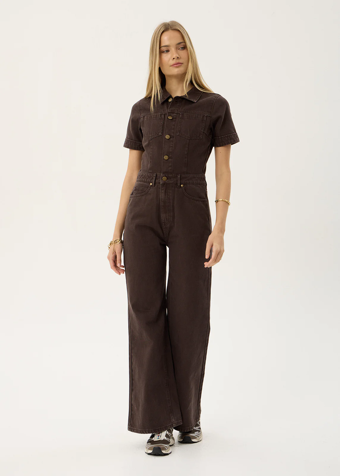 AFENDS Miami denim flared leg jumpsuit - Washed coffee