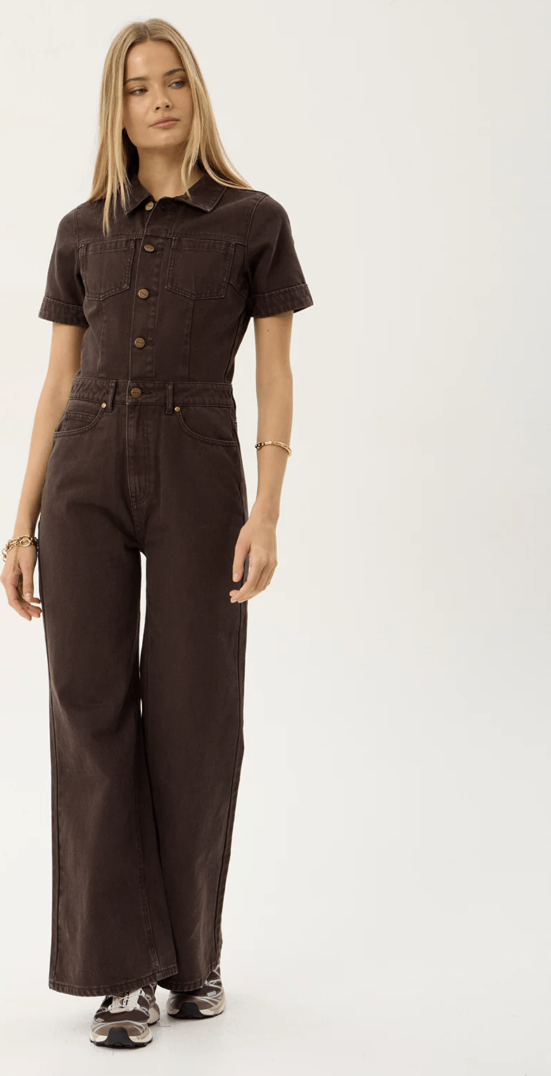 AFENDS Miami denim flared leg jumpsuit - Washed coffee