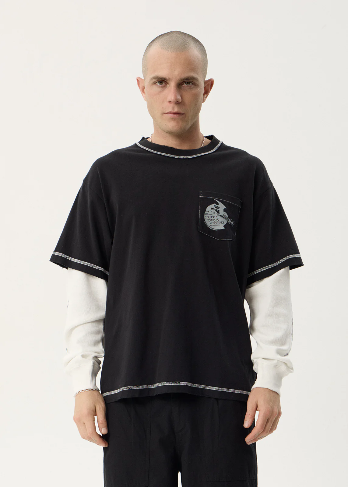 AFENDS Heavy parts layered waffle long sleeve tee - Stone black