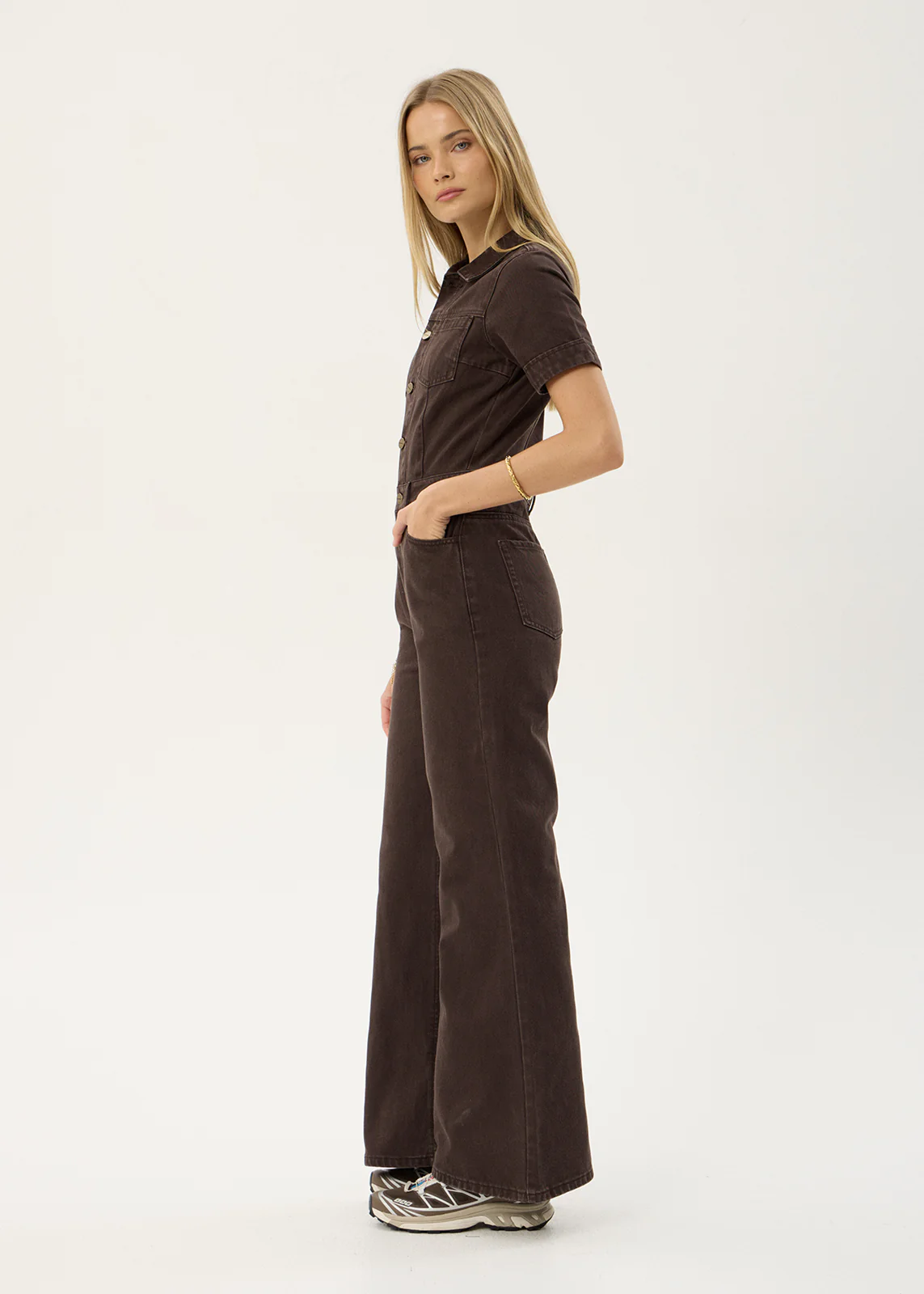 AFENDS Miami denim flared leg jumpsuit - Washed coffee