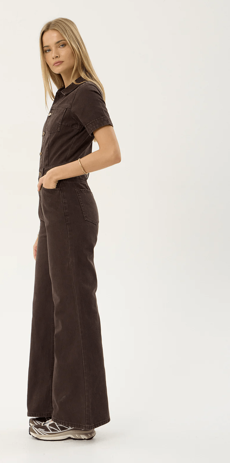 AFENDS Miami denim flared leg jumpsuit - Washed coffee