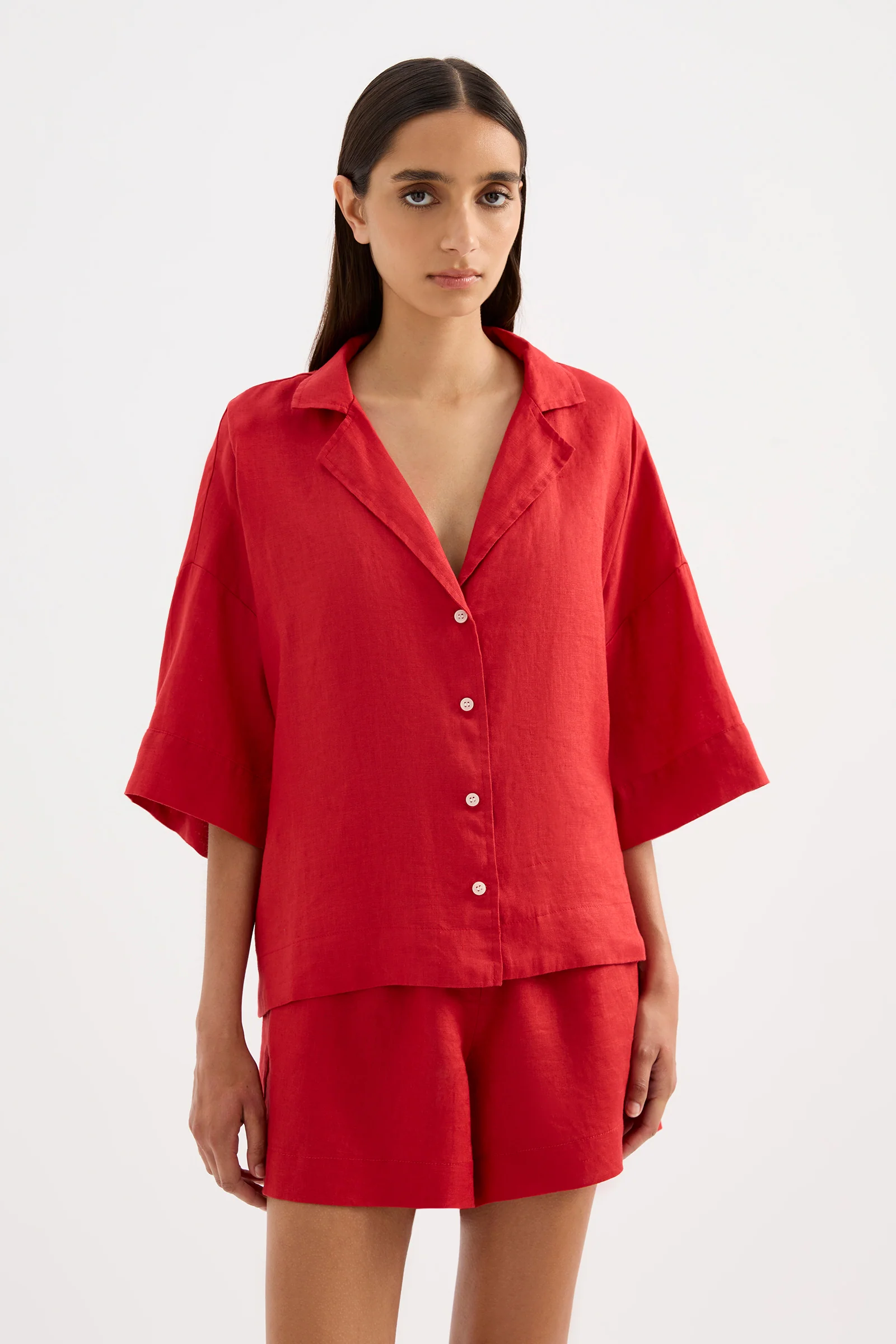 NUDE LUCY  Lounge Linen Shirt - Vermillion
