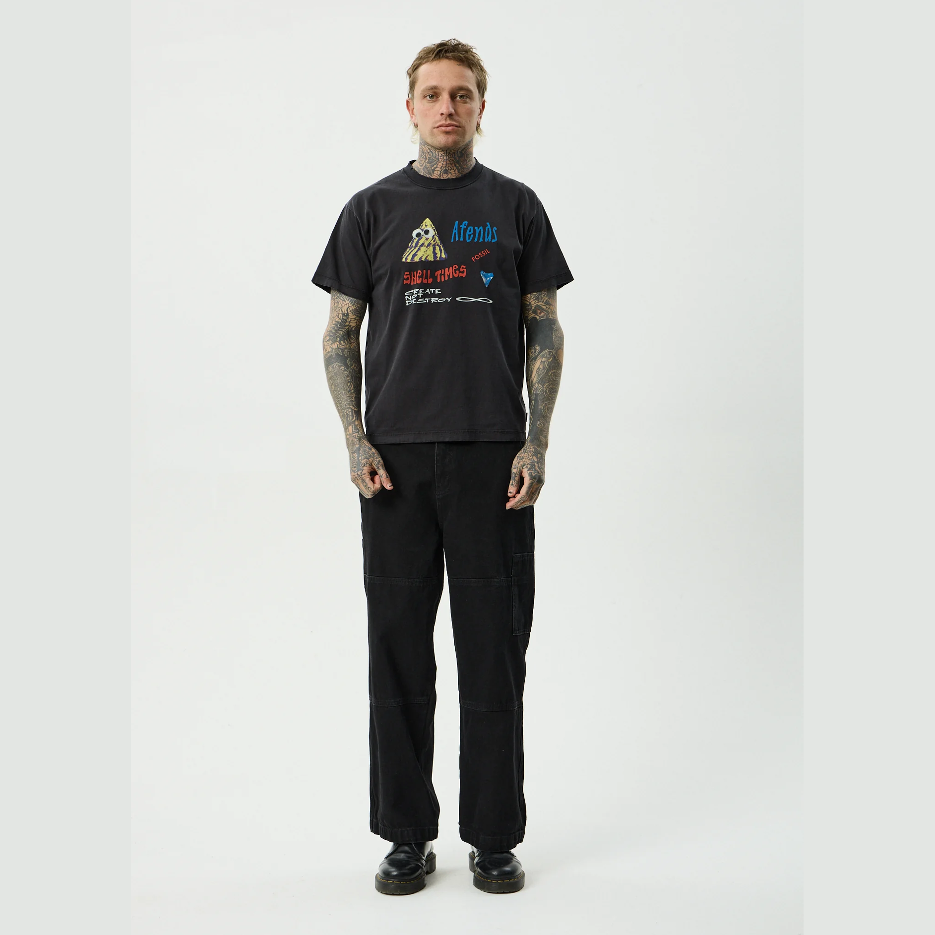 AFENDS Shell Times Boxy Fit Tee - Stone Black