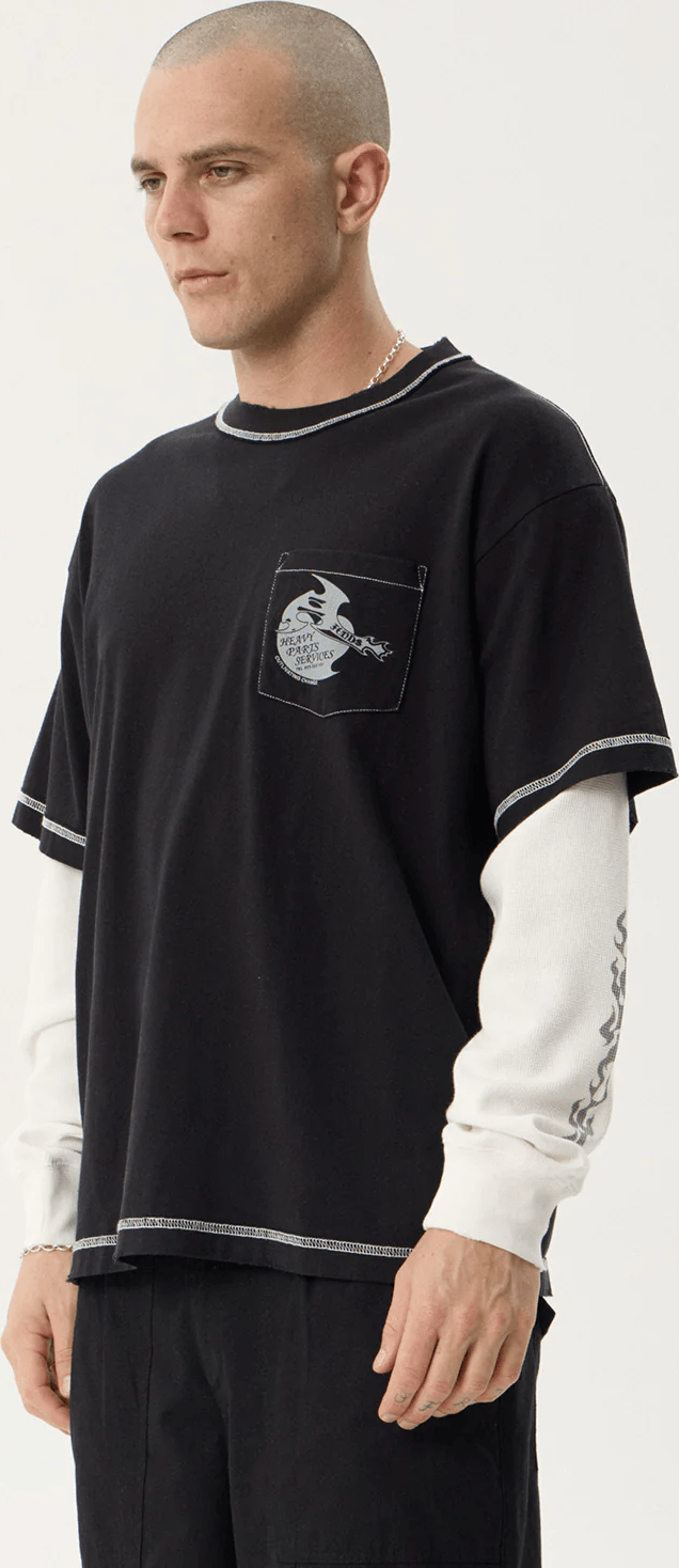 AFENDS Heavy parts layered waffle long sleeve tee - Stone black