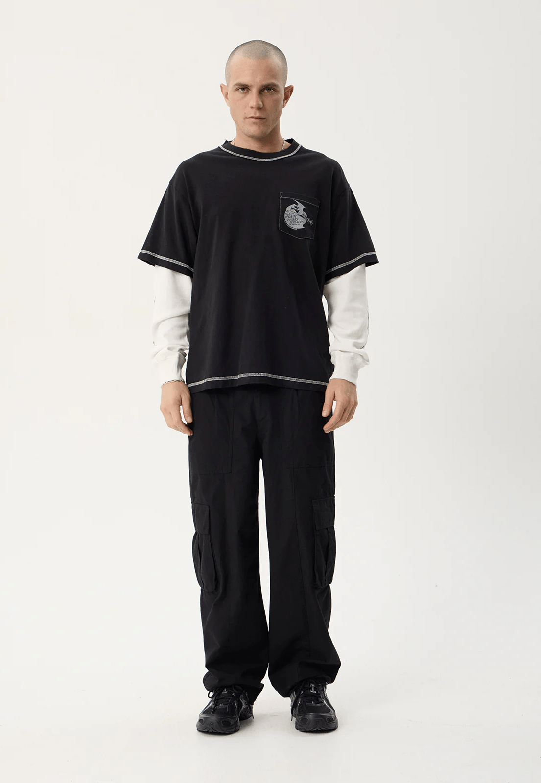 AFENDS Heavy parts layered waffle long sleeve tee - Stone black