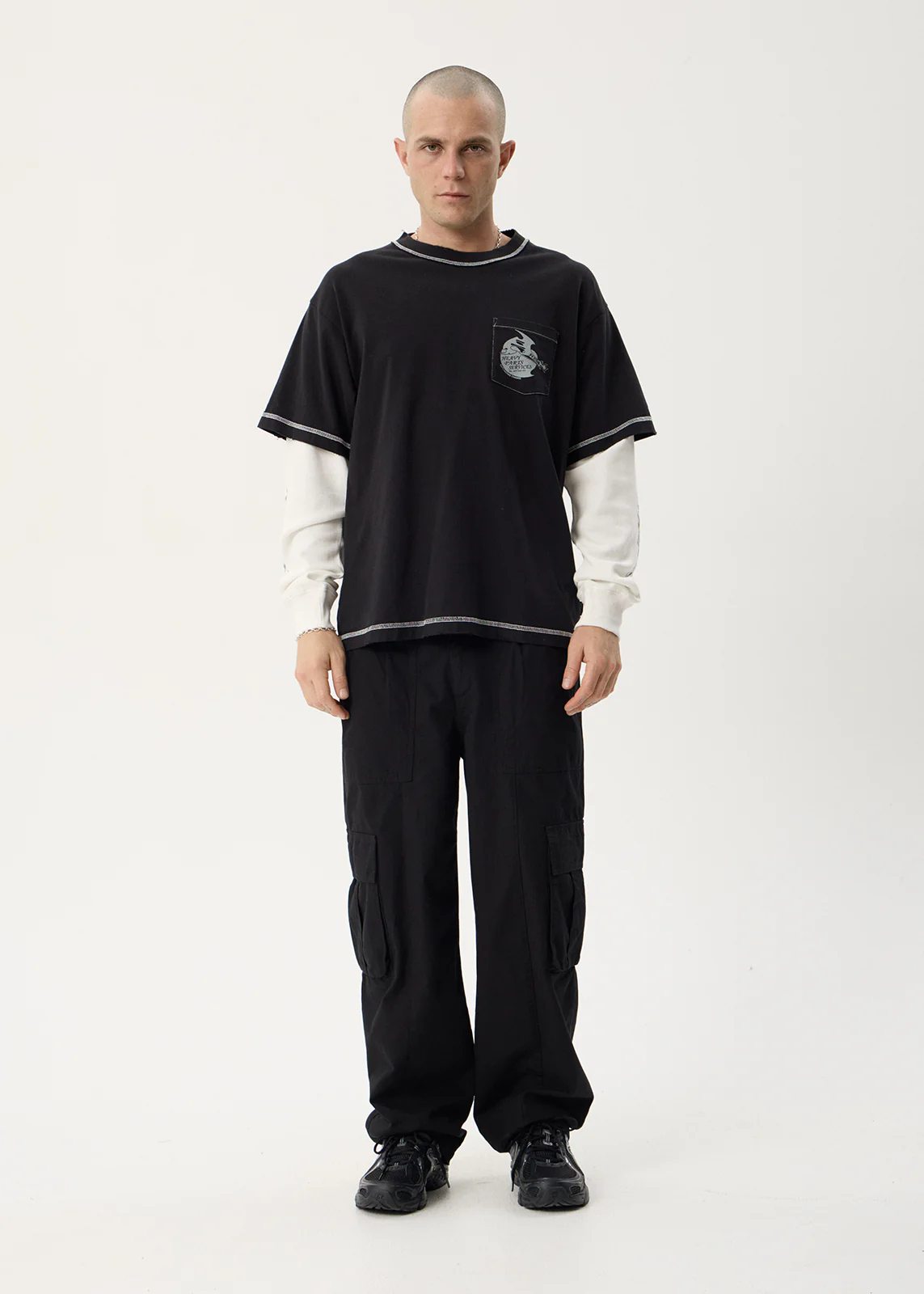 AFENDS Heavy parts layered waffle long sleeve tee - Stone black