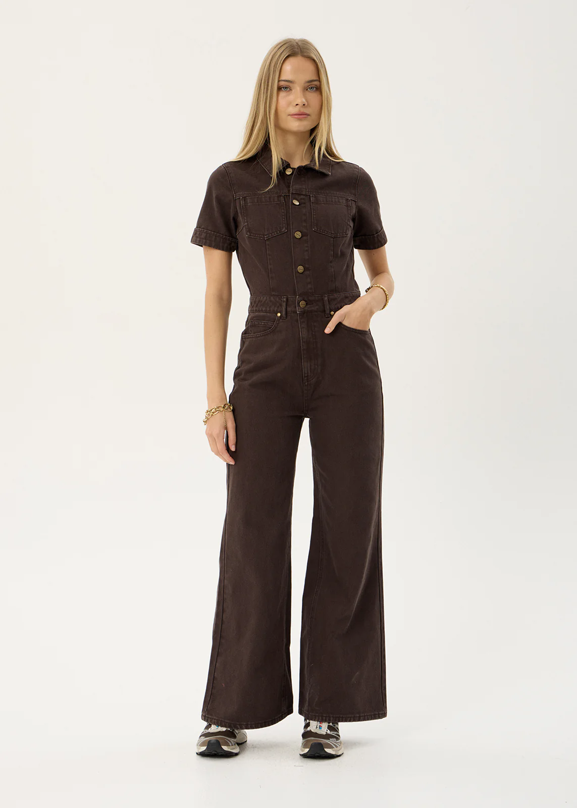 AFENDS Miami denim flared leg jumpsuit - Washed coffee