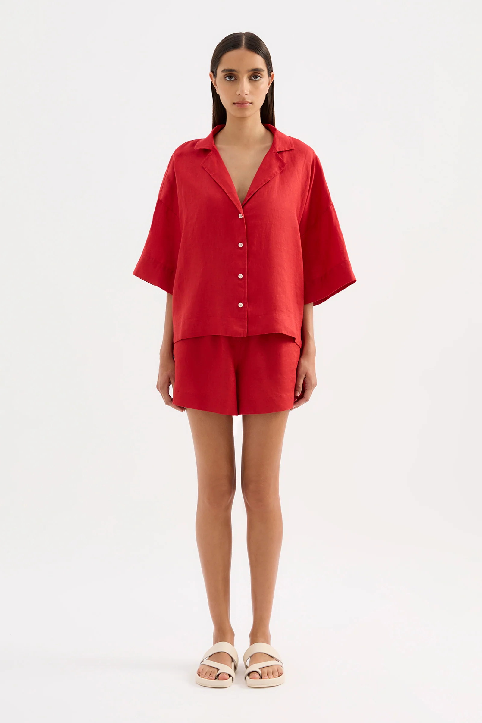 NUDE LUCY  Lounge Linen Shirt - Vermillion