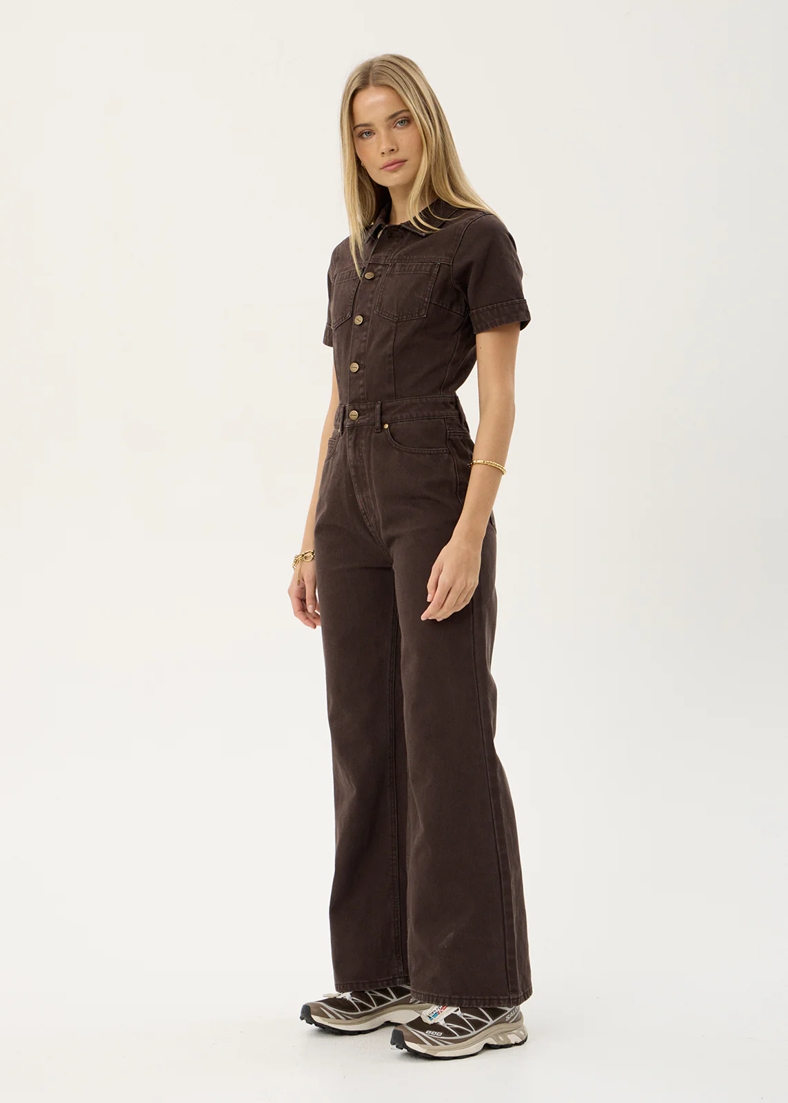 AFENDS Miami denim flared leg jumpsuit - Washed coffee