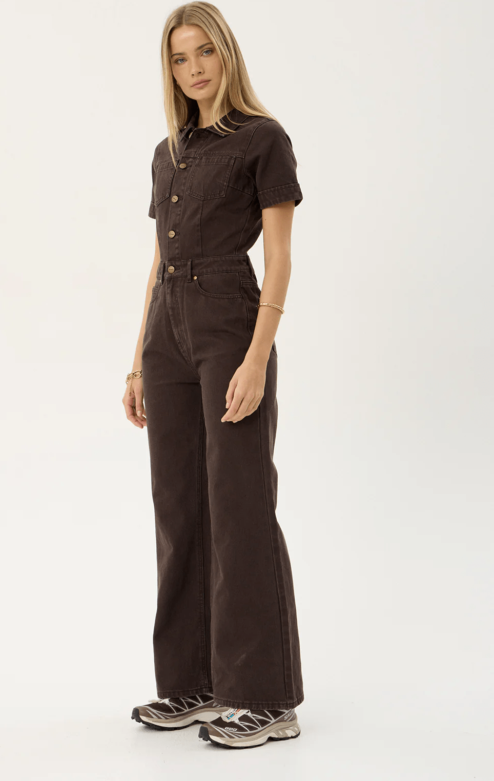 AFENDS Miami denim flared leg jumpsuit - Washed coffee