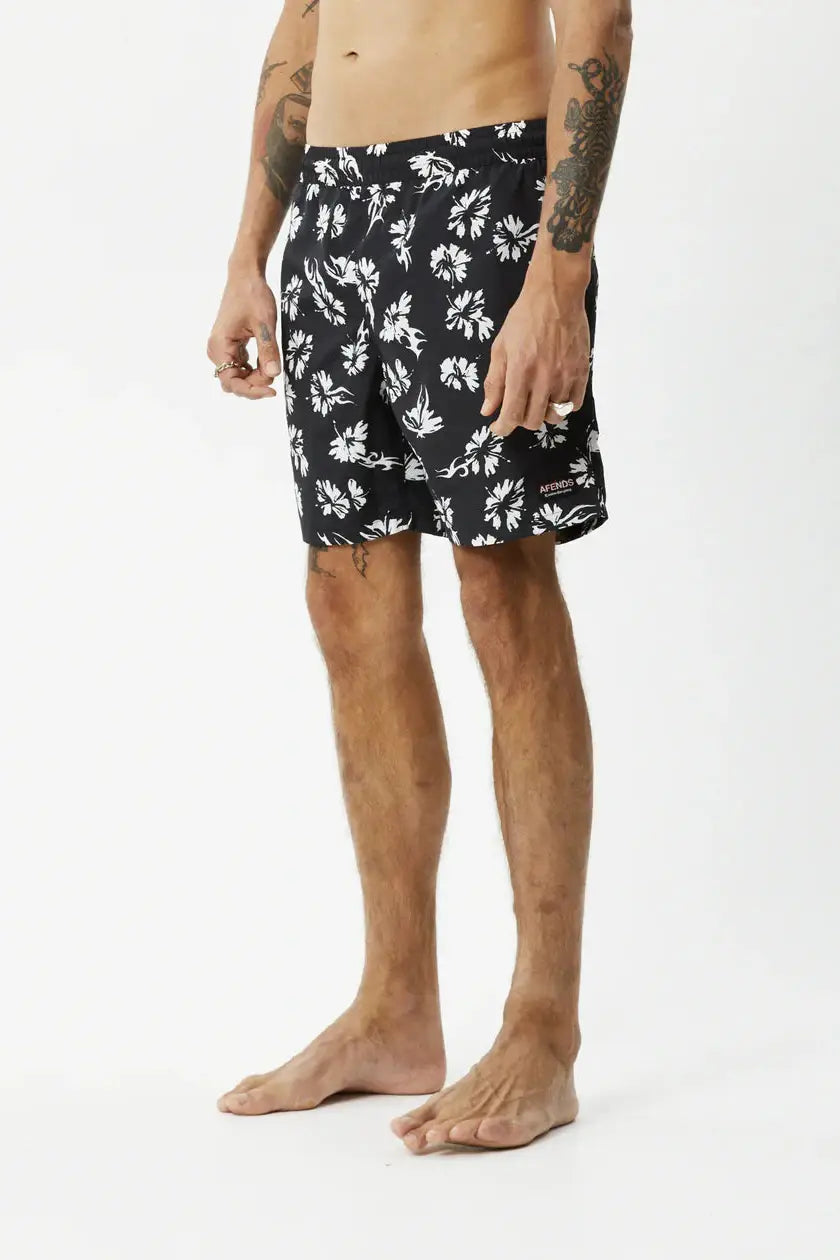AFENDS - hibiscus recycled swim short- black