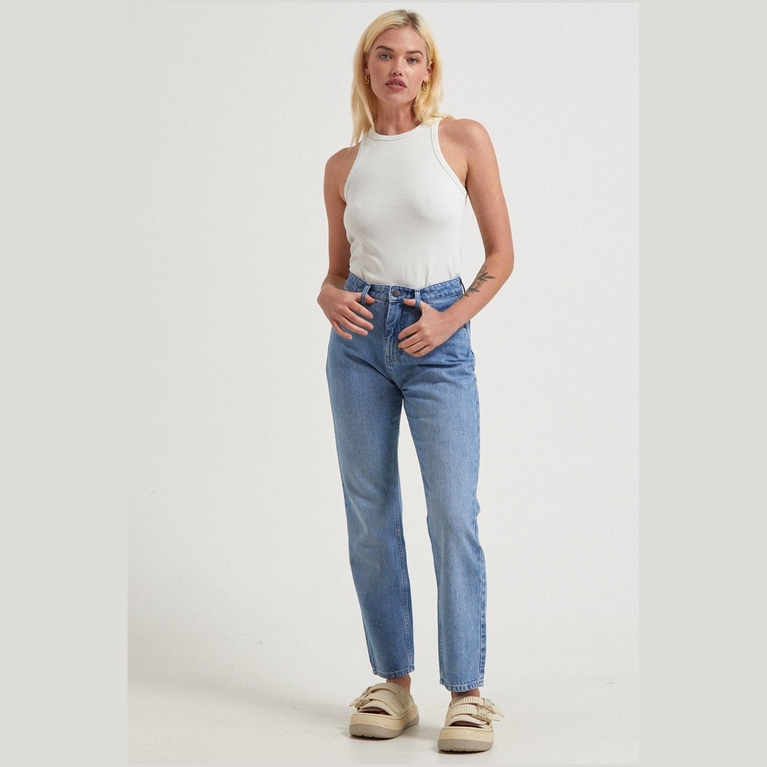 Afends violet- hemp denim straight leg jean - worn blue hemp denim straight leg jean worn blue