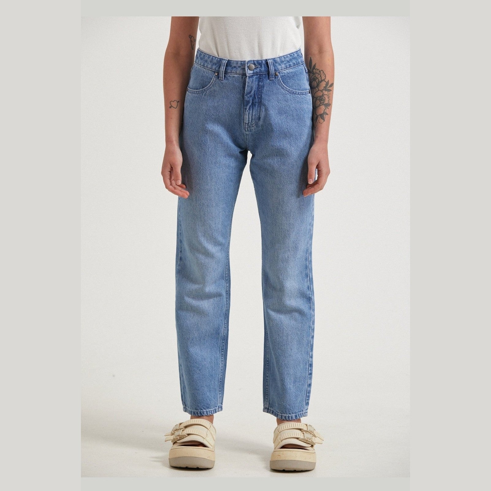 Afends violet- hemp denim straight leg jean - worn blue hemp denim straight leg jean worn blue