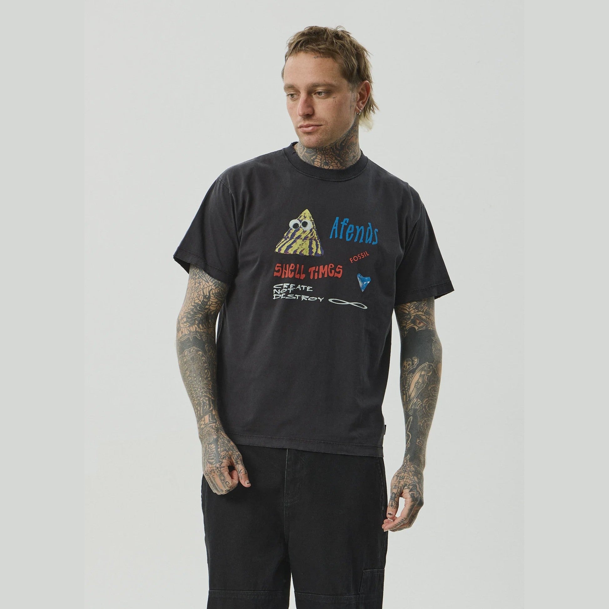 AFENDS Shell Times Boxy Fit Tee - Stone Black