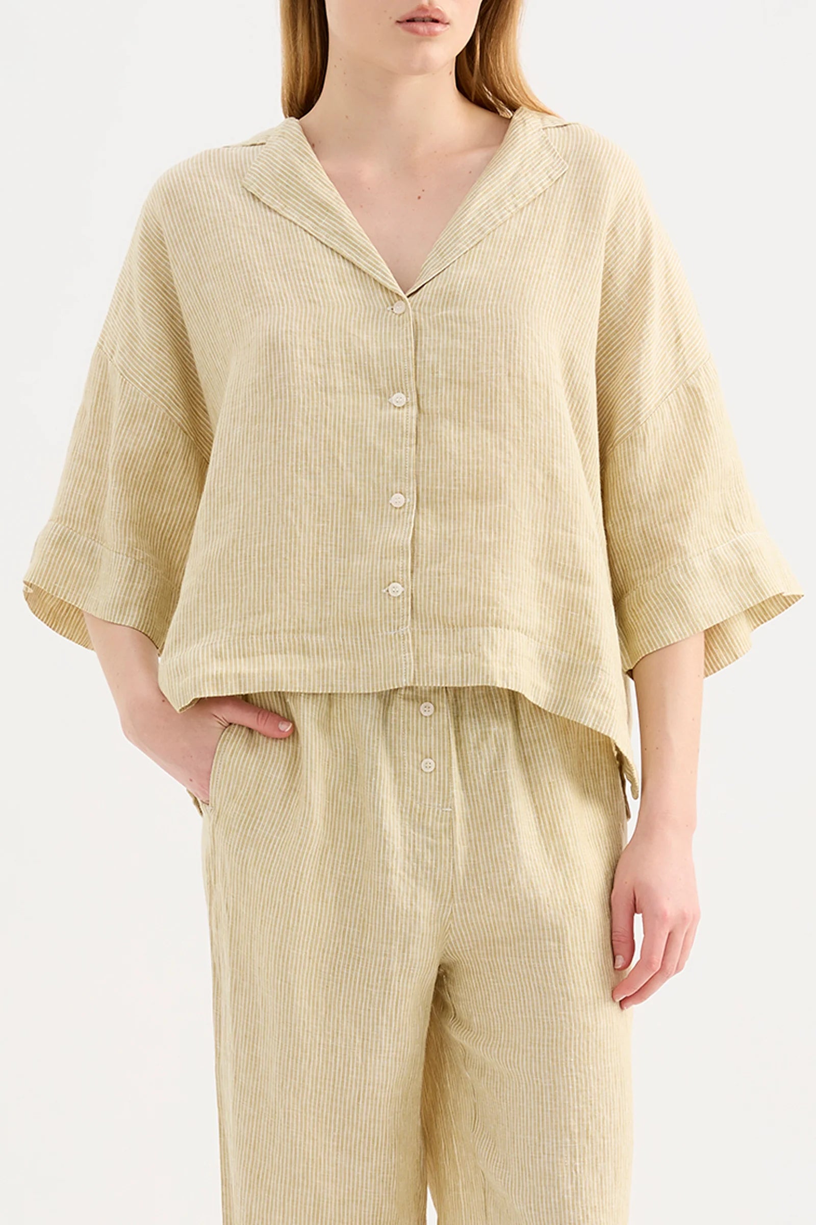 NUDE LUCY Lounge stripe linen shirt - Moss stripe