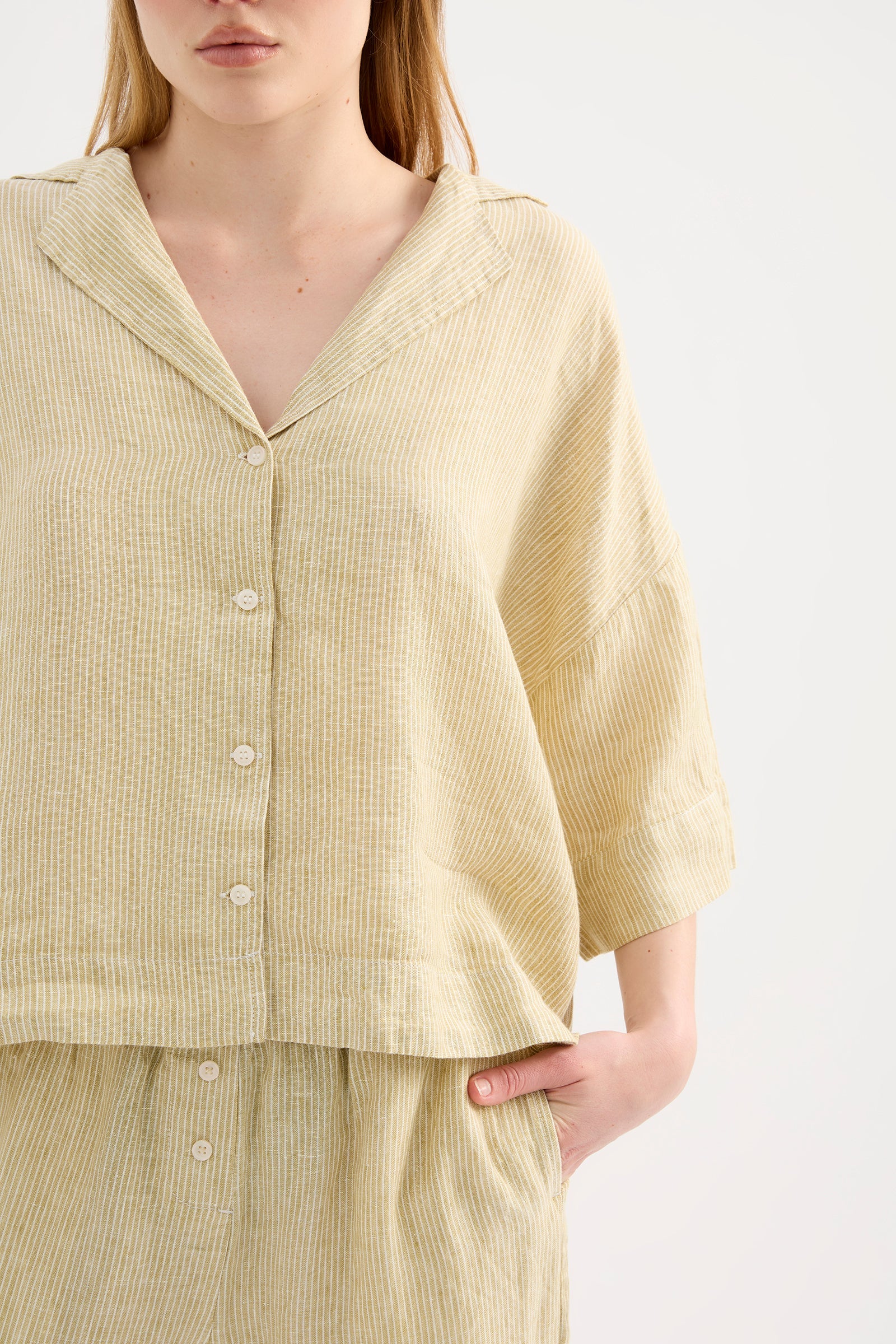 NUDE LUCY Lounge stripe linen shirt - Moss stripe