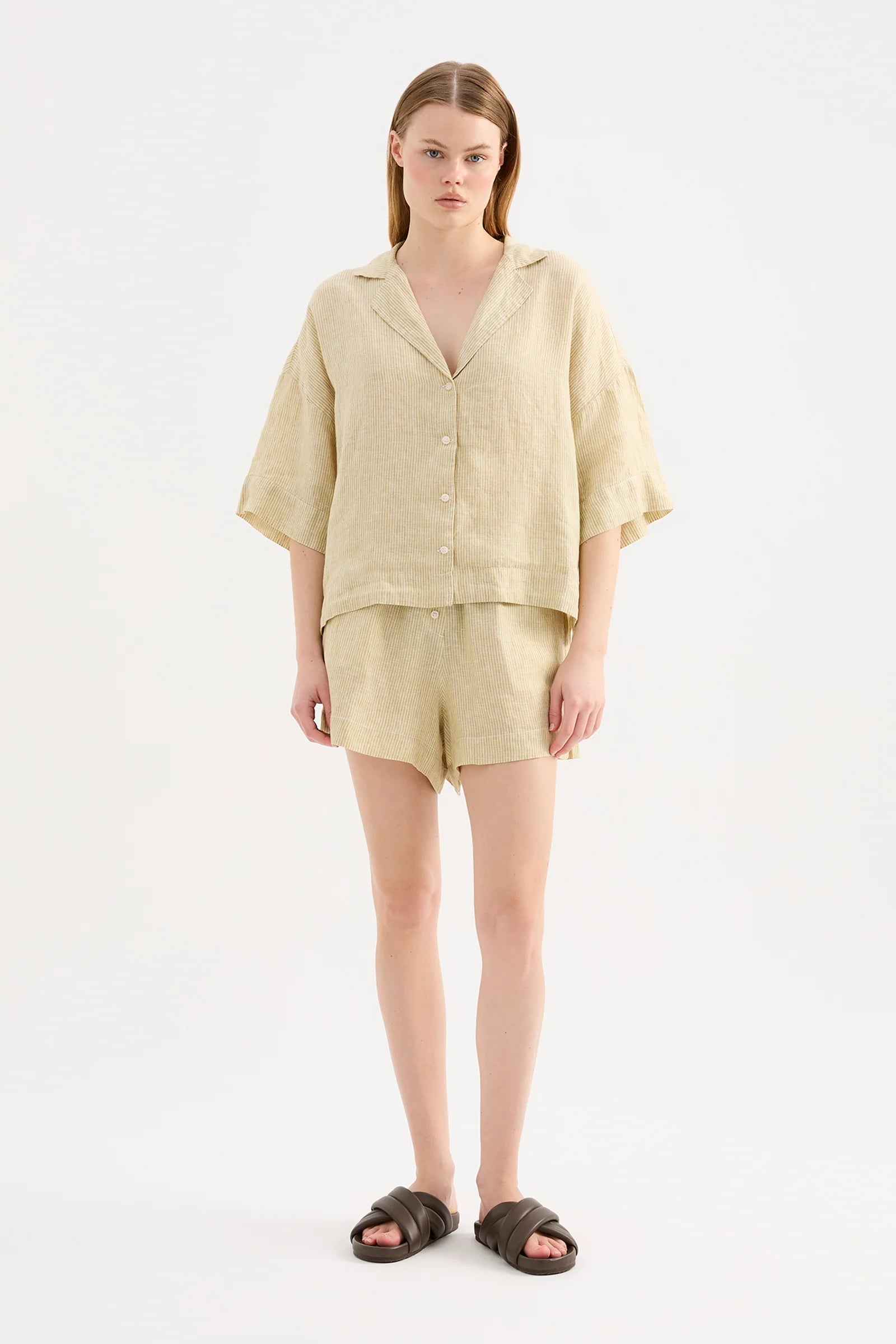 NUDE LUCY Lounge stripe linen short - Moss stripe