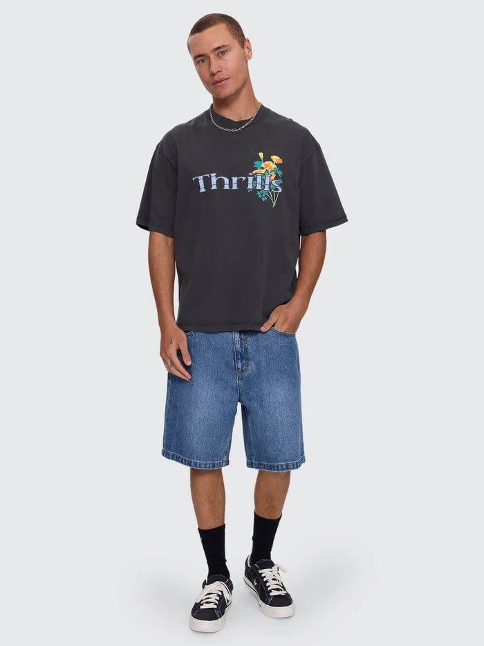 THRILLS - FLOWERS OF TOMORROW BOX CROP APPLIQUE TEE - Dark Charcoal