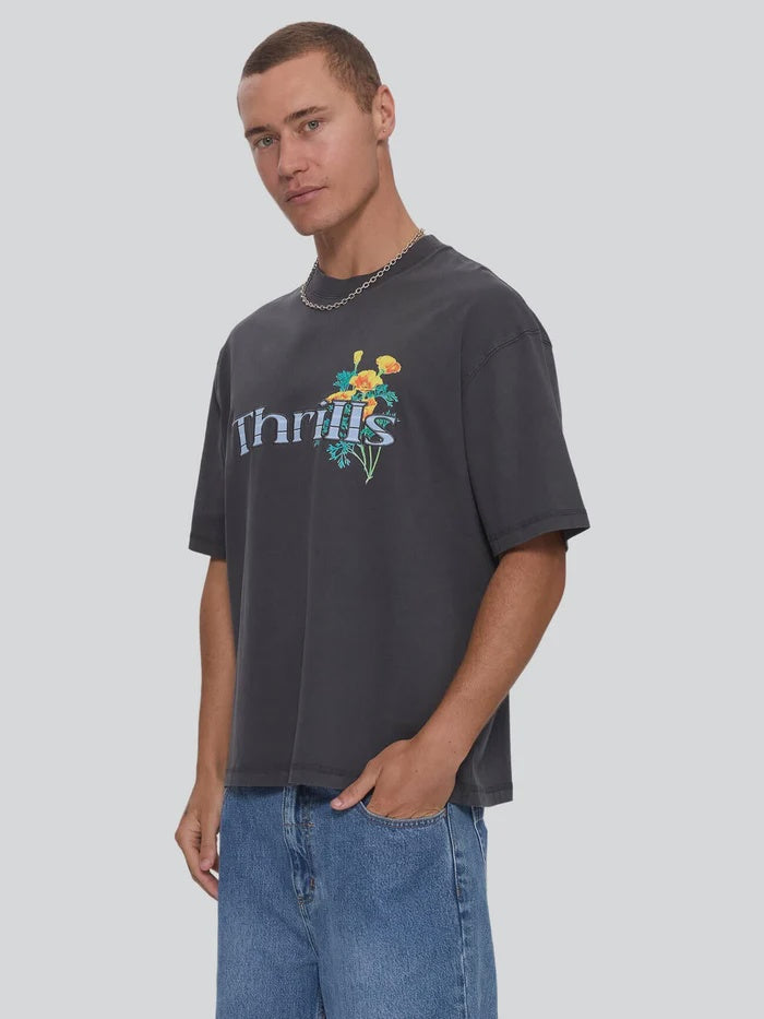 THRILLS - FLOWERS OF TOMORROW BOX CROP APPLIQUE TEE - Dark Charcoal