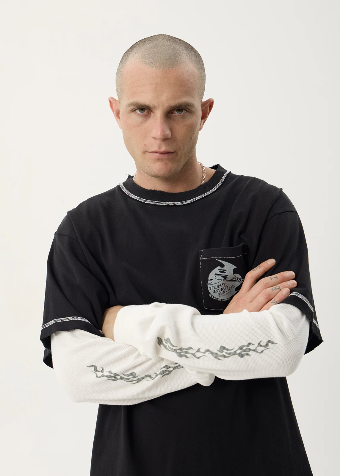 AFENDS Heavy parts layered waffle long sleeve tee - Stone black