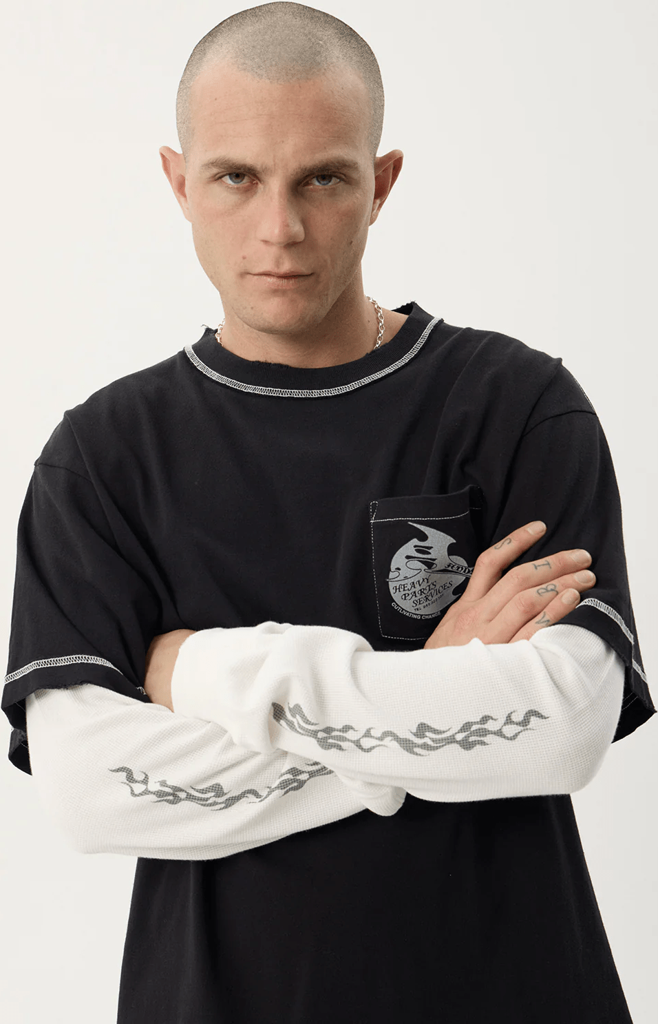 AFENDS Heavy parts layered waffle long sleeve tee - Stone black