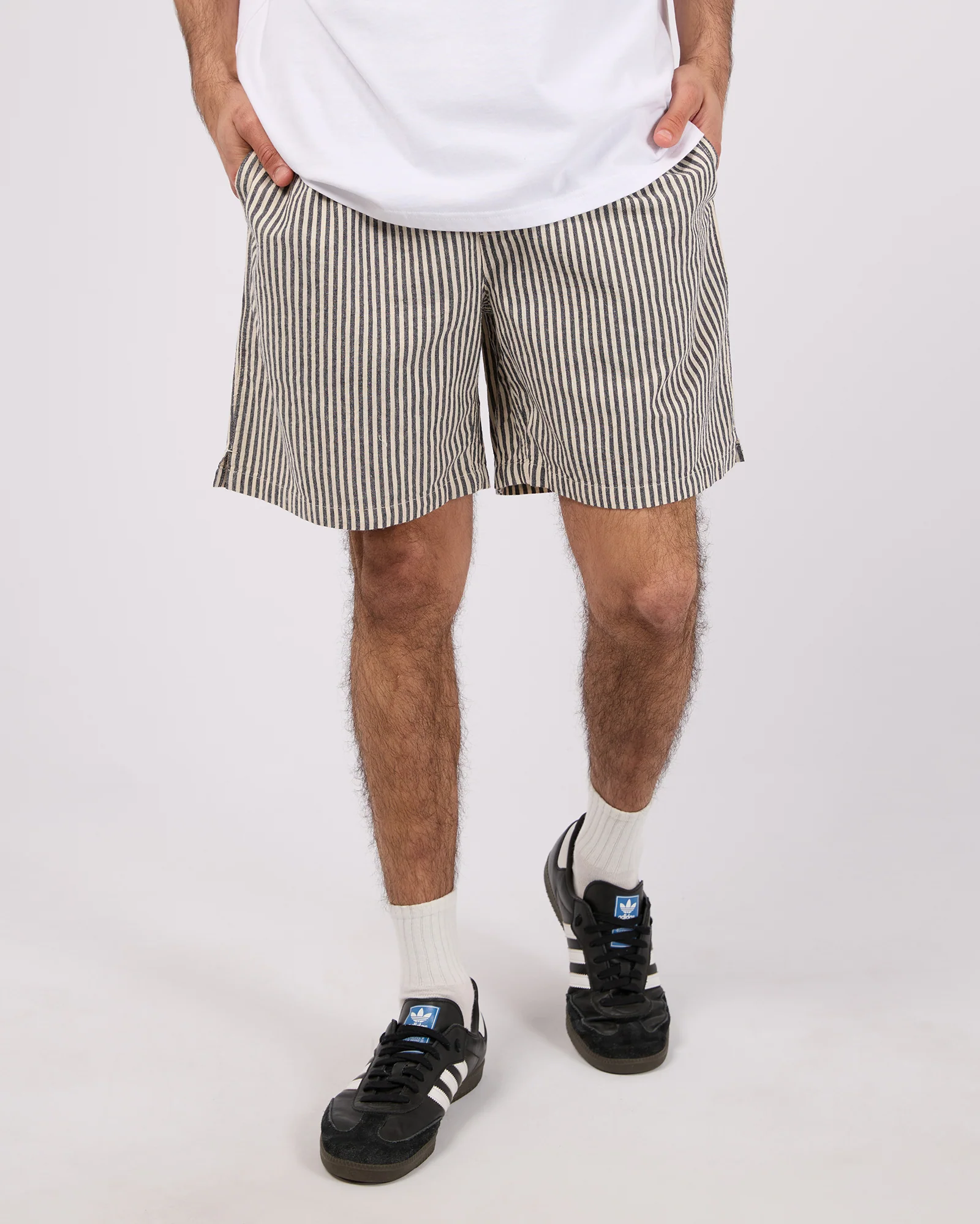 SILENT THEORY Stripe linen short - Navy