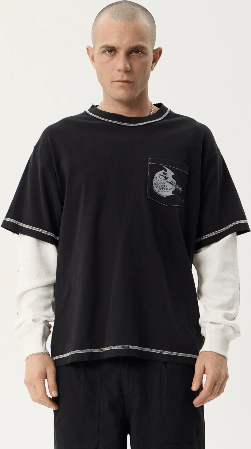 AFENDS Heavy parts layered waffle long sleeve tee - Stone black