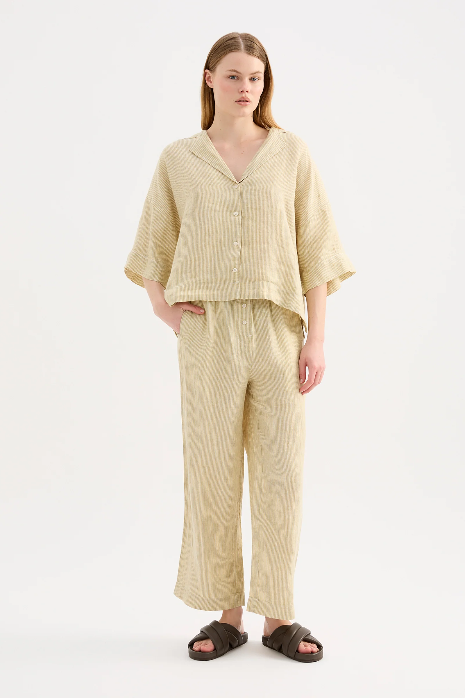 NUDE LUCY Lounge stripe linen shirt - Moss stripe