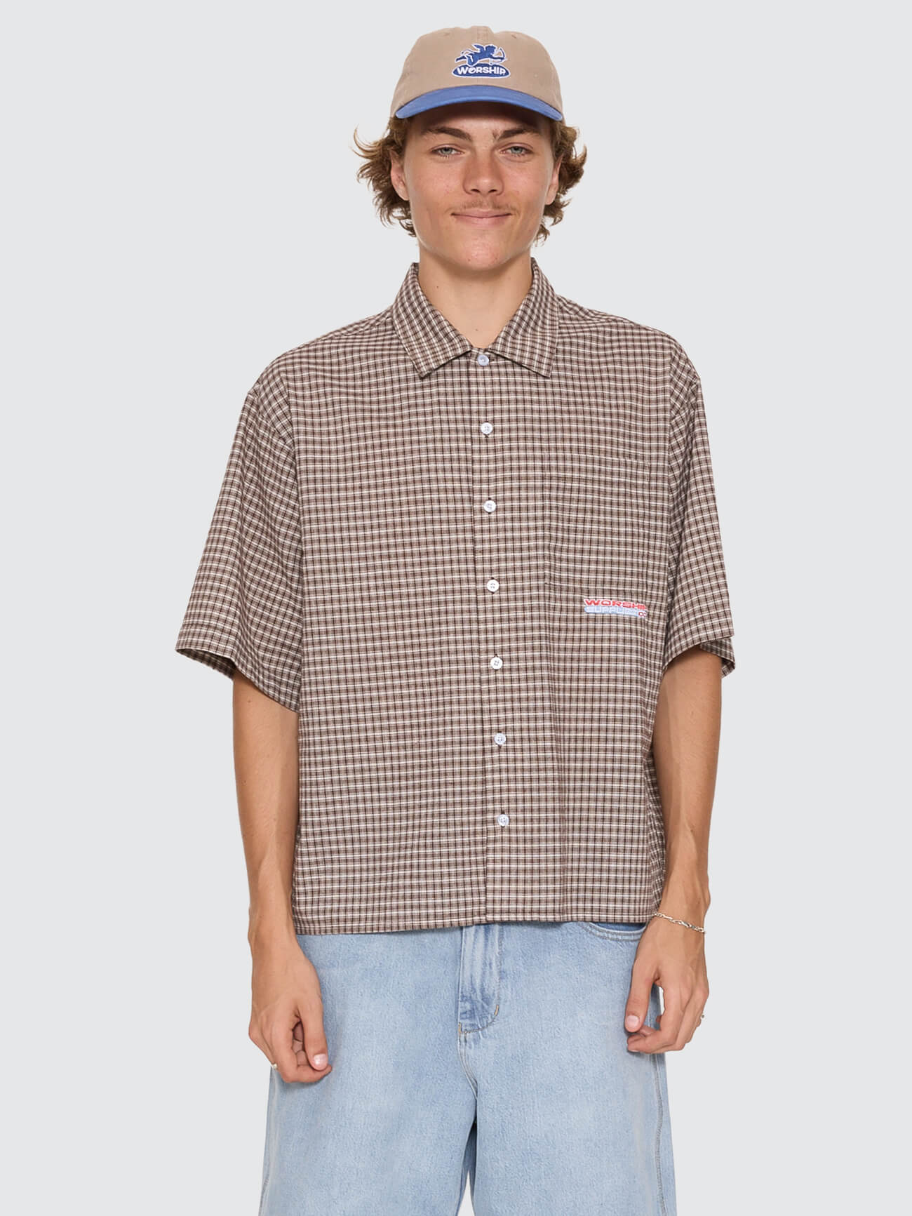 WORSHIP Globo Box Crop Short Sleeve Shirt - Brown