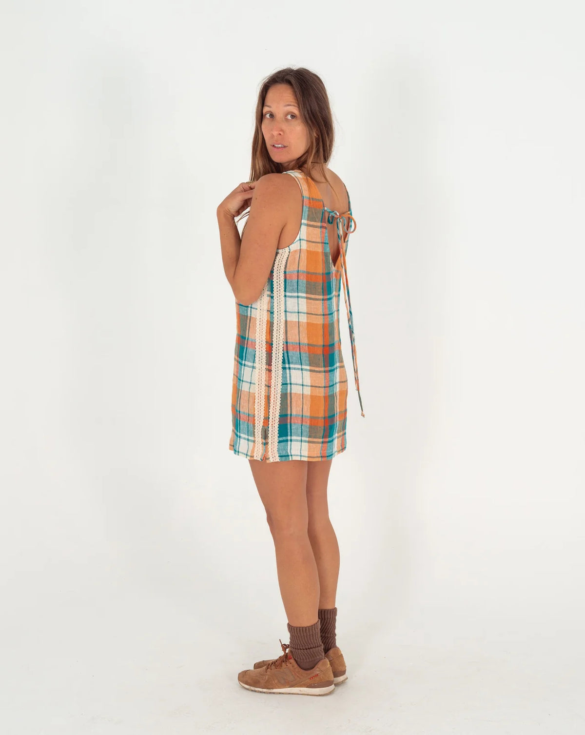 Atmosea Karina V Neck Mini Dress in Citrus/ Teal Check