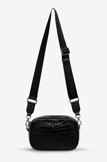 Status anxiety plunder with webbed strap - black croc emboss